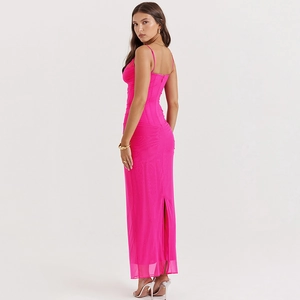 Pink mesh midi dress with corset top, spaghetti straps, and back slit detail for women
