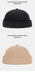 Vertical display of black and khaki docker hats with textured fabric and rolled cuff edge