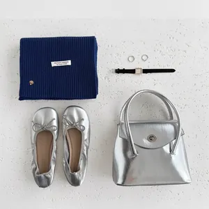 Navy sheep wool knitted scarf with silver leather ballet flats and metallic handbag set