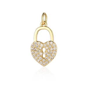 Macro view of gold heart padlock pendant with cubic zirconia inlay and keyhole detail