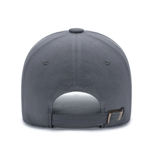 Deep grey cotton baseball cap showing back view with adjustable bronze metal buckle