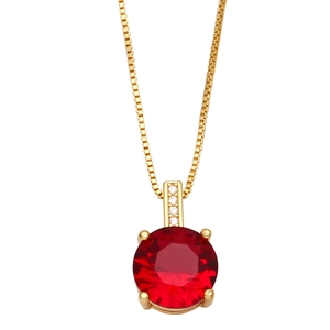 Elegant gold box chain necklace featuring a round red zircon pendant with a four-claw setting