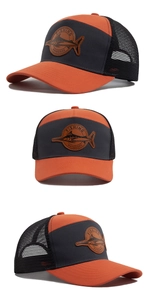 Detailed views of a three-tone mesh trucker hat with leather fishing outdoors patch