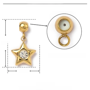 Detailed parameter view of gold star pendant with crystal and internal rubber stopper