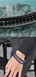 Detailed view of triple-layer men's leather bracelet with lapis beads and magnetic clasp