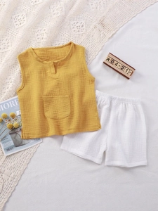 Ginger yellow cotton muslin vest and white shorts two-piece summer set for kids