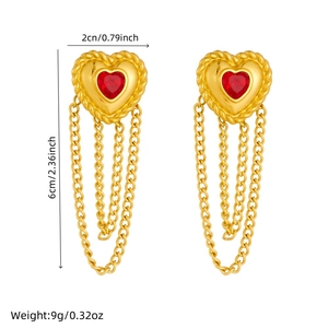 Gold plated heart drop earrings with red stone and chain tassels, 6cm long, 9g weight