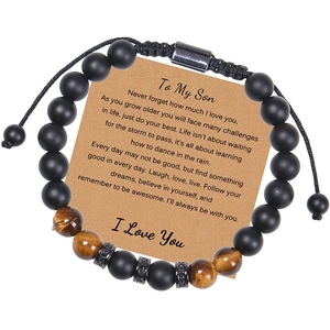 Detail of adjustable tiger eye stone bracelet with matte beads and message card for son
