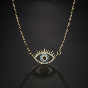 Evil Eye Pendant Necklace Copper Micro Cubic Zirconia Eyelashes Design Fashion Bohemian Jewelry For Women Blue Gold