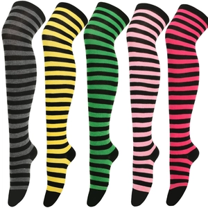 Women's over knee thigh high socks with colorful horizontal stripes in five assorted colors