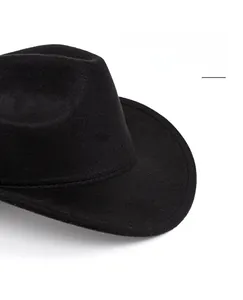 Close-up of wide brim black wool felt fedora hat showing premium texture and stitching
