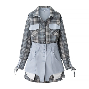 Ensemble deux pièces chemise à carreaux style français et jupe pour femmes automne