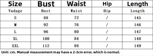 Detailed size guide table for V-neck rainbow bohemian dress with bust and length measurements