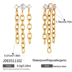 Détail de boucles d'oreilles franges en acier inoxydable 18K avec trois zircons