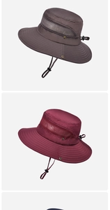 Detail of outdoor sun hat with wide brim, breathable mesh panel and adjustable chin strap