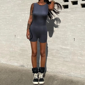 Detailed view of dark grey ribbed knit texture on slim-fit sleeveless summer bodysuit