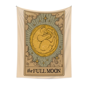 Bohemian Tarot tapestry with sleeping cat on full moon for cozy wall hanging decor