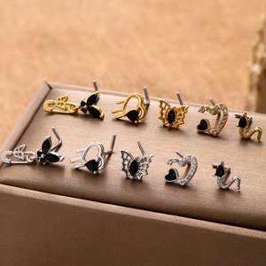 Nose Studs Stainless Steel L Shaped Bar Copper Inlaid Black Zircon Butterfly Snake Heart Safety Pin Retro Gothic For Women