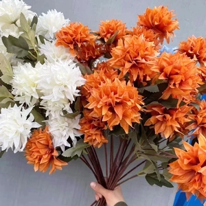 Artificial white and orange 3-head pompon chrysanthemum flowers for home wedding decoration