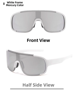 Front and side view of white frame sports sunglasses with silver mirrored lenses
