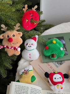 Group of festive Christmas plush pendants including reindeer, snowman and tree ornaments