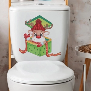 Christmas Reindeer Gift Box Toilet Sticker PVC Waterproof Removable Bathroom Decal Home Holiday Festive Wall Sticker Decor