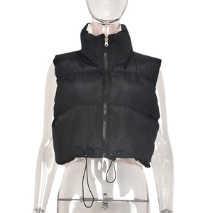 Women's black cropped puffer vest with stand collar and adjustable drawstring hem