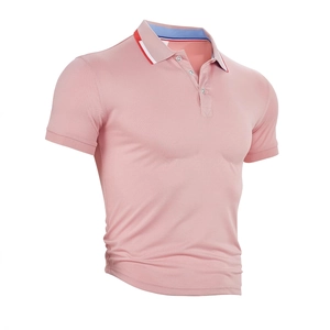 Men's pink short sleeve polo shirt with tricolor trim on collar and pique knit fabric