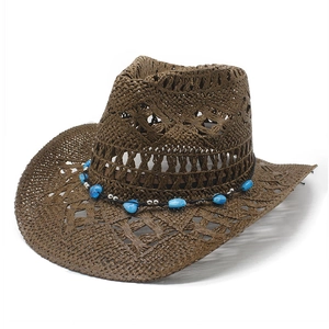 Hollow-out brown straw cowboy hat with blue bead band and roll-up brim for summer sun protection