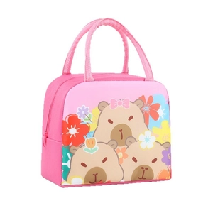 Pink cartoon capybara insulated lunch bag with floral patterns and sturdy handles