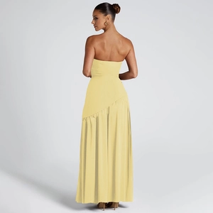 Elegant yellow strapless maxi dress with backless design and stylish side slit details