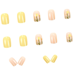 Short yellow tulip press-on nails with french style floral patterns for spring look