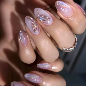 Press On Nails Lavender Purple Cat Eye Almond Shape With Gold Butterfly Decor Shimmer Artificial False Finger Nails For Women