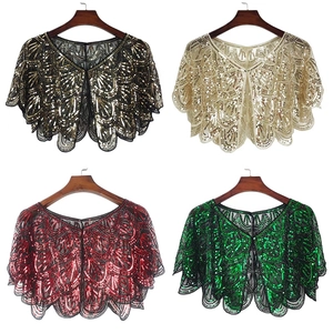 Elegant sequined tulle shawls for women in black, gold, red and green evening colors