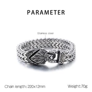 Dettaglio bracciale testa di lupo vichingo in acciaio inossidabile 220x12mm e misure