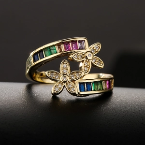 Gold open flower ring with rainbow baguette stones and cubic zirconia floral details