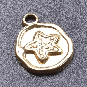 Detailed view of a gold starfish pendant with embossed pattern and hanging loop