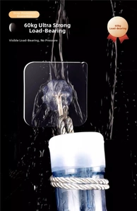 Detailed view of transparent wall hook holding heavy water bottle to show 30kg load capacity