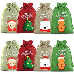 Christmas burlap drawstring gift bags with cartoon reindeer and tree designs set of four