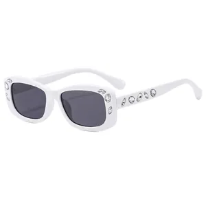 Elegant white square sunglasses with rhinestone accents and dark lenses for women