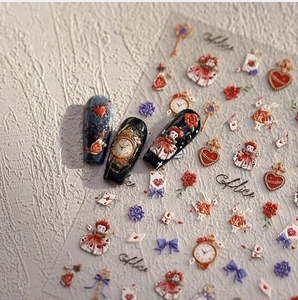 Detail of 3D embossed Alice in Wonderland nail art stickers with vintage watch and rose