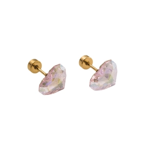 Boucles d'oreilles cœur en acier titane doré avec zircons roses et vis de sécurité