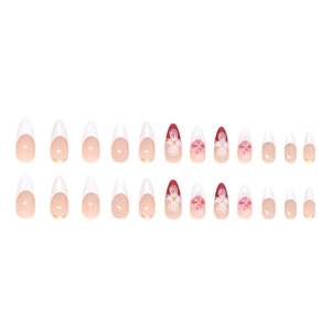 Pearlescent white press-on nails with 3D flower designs and almond shape 24pcs set