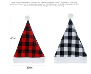 Detail view of 40x29cm red black and white plaid Christmas hats with plush trim