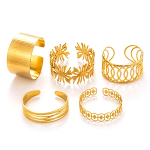 5-piece gold vintage wide cuff bracelet set with floral and textured metal designs