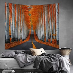 Detailed view of fall birch forest tapestry hanging above a bed for wall decoration