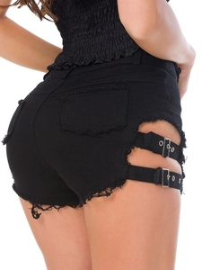 Pantalones cortos vaqueros negros de cintura alta con aberturas y hebillas de metal