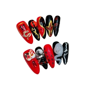 Handcrafted red and black 3D nail art with golden dragon, white snake, and Yin Yang motifs