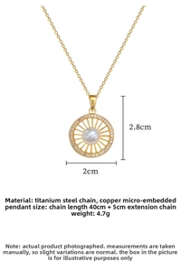 Macro view of gold pendant with pearl center and pavé zircon nesting on titanium steel chain