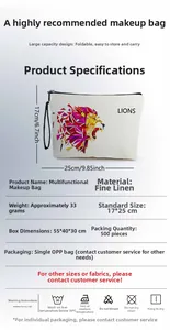 Detailed view of large capacity fine linen lion pouch with 17x25cm size specifications